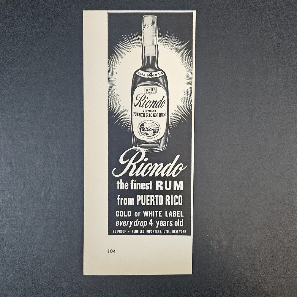 1951 Riondo Puerto Rican Rum 4 Years Old Vintage Print Ad Reinfeld Importers NYC